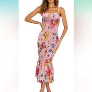 Pretty Garden Pink Floral Stretchy Shirred Midi Dress Ruffle Bottom Size Large